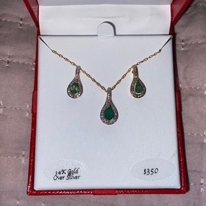 14k gold over silver emerald and diamond earring and necklace set